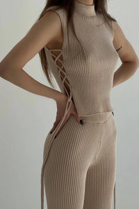 Ribbed Knit Lace-up Tank Top Pants Suits