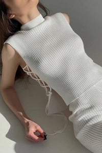 Ribbed Knit Lace-up Tank Top Pants Suits