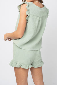 Ruffle Single-breasted Tank Top Drawstring Shorts Set