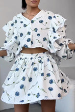 Load image into Gallery viewer, Ruffle Sleeve Printed Crop Top Skirt Suits