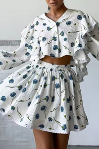 Ruffle Sleeve Printed Crop Top Skirt Suits