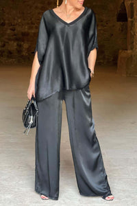 Satin V Neck Half Sleeve Long Pant Set