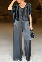 Load image into Gallery viewer, Satin V Neck Half Sleeve Long Pant Set