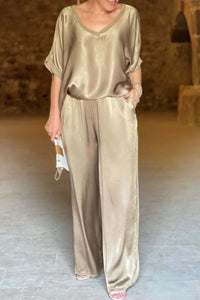 Satin V Neck Half Sleeve Long Pant Set