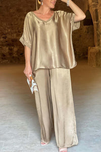 Satin V Neck Half Sleeve Long Pant Set