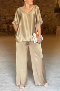 Satin V Neck Half Sleeve Long Pant Set