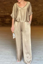 Load image into Gallery viewer, Satin V Neck Half Sleeve Long Pant Set