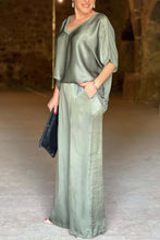 Load image into Gallery viewer, Satin V Neck Half Sleeve Long Pant Set