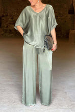 Load image into Gallery viewer, Satin V Neck Half Sleeve Long Pant Set