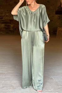 Satin V Neck Half Sleeve Long Pant Set