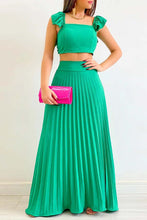 Load image into Gallery viewer, Solid Color Ruffled Top Pleated Skirt Set
