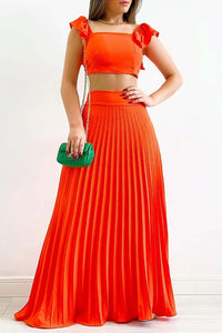 Solid Color Ruffled Top Pleated Skirt Set