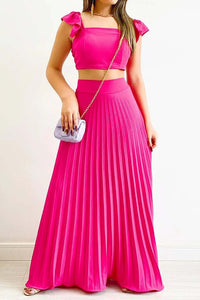 Solid Color Ruffled Top Pleated Skirt Set