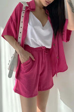 Load image into Gallery viewer, Short Sleeve Drop Shoulder Drawstring Shorts Two-Piece Set