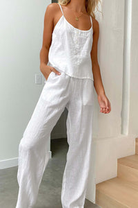 Solid Color Cotton Spaghetti Straps Long Pants Set