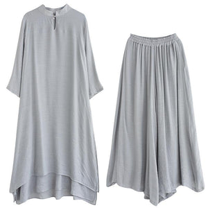 Spring Gray Medium Length Dress Casual Wide Leg Pants Two Piece Set
