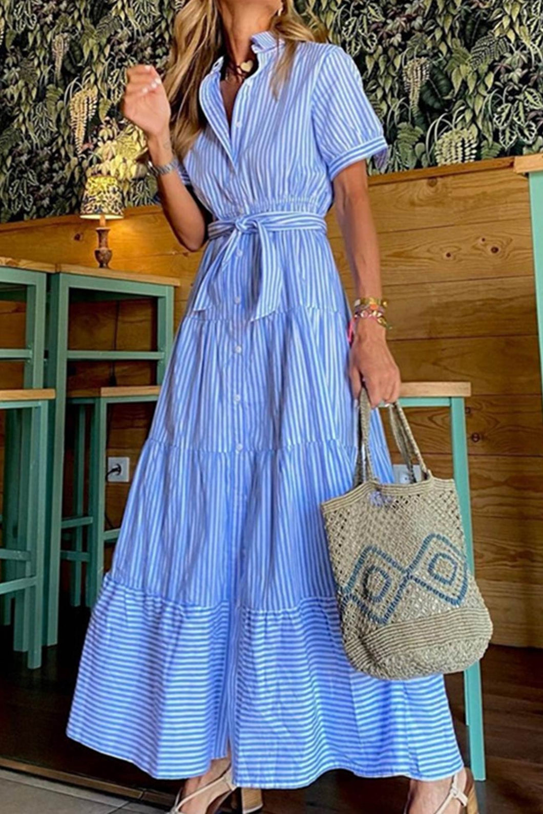 Striped Tie-waist Tiered Shirt Dress