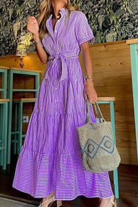 Striped Tie-waist Tiered Shirt Dress