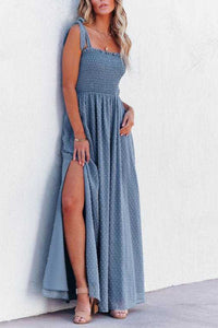 Tie-straps Smocked Slit Jacqard Chiffon Dress