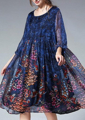 Unique Blue Print Tunic Pattern O Neck Cinched Plus Size Summer Dresses