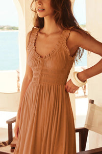 V Neck Tie-up Smocked Midi Dress