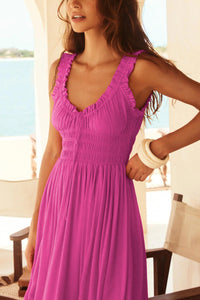 V Neck Tie-up Smocked Midi Dress