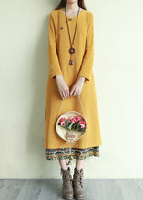 Load image into Gallery viewer, Vintage Yellow Button V Neck Patchwork Long Dresses Long Sleeve