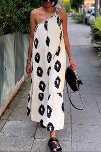 Plenty of Sunshine Ethnic Print One Shoulder Loose Maxi Dress