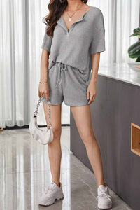 Waffle Drop Shoulder Drawstring Shorts Set