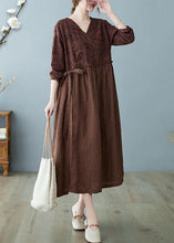 Load image into Gallery viewer, Women Coffee Ruffled Tie Waist Oriental Linen Dresses Spring