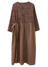 Load image into Gallery viewer, Women Coffee Ruffled Tie Waist Oriental Linen Dresses Spring
