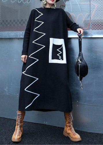 Women black Sweater dresses DIY patchwork color Ugly fall knitwear