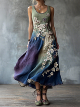 Load image into Gallery viewer, Classy Gradient Japanese Sakura Cherry Blossoms Embroidered Pattern Linen Round Neck Long Dress