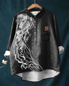 Japanese Art Jellyfish Print Casual Cotton and Linen Shirt