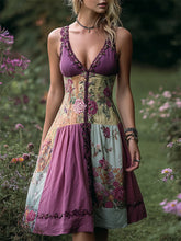 Load image into Gallery viewer, Vintage Roses Boho Lace Patchwork Linen Tank Dress