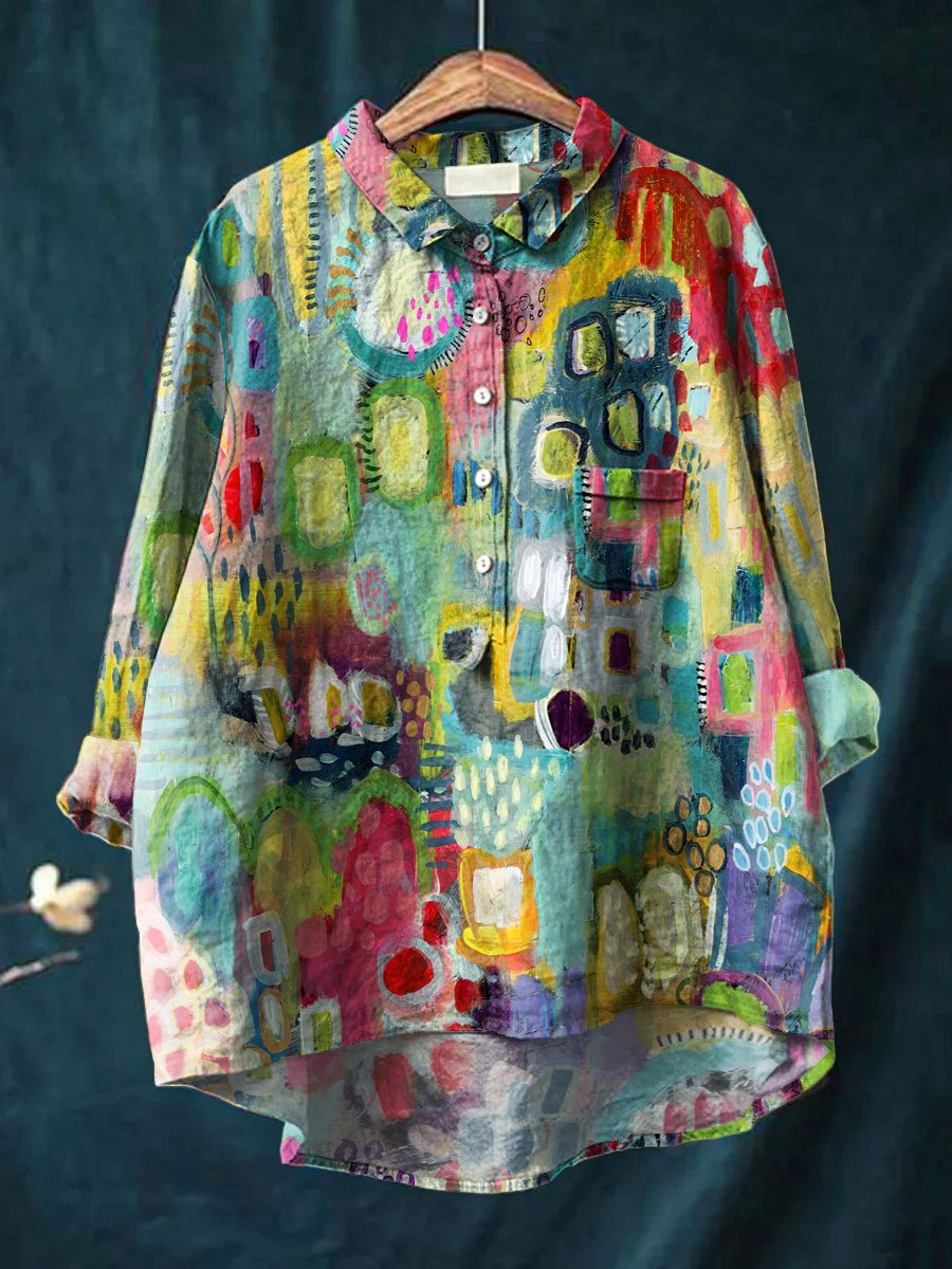 Women's Multicolor Abstract Art Print Casual Cotton And Linen Shirt