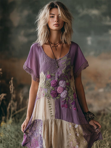 Vintage Roses Embroidered Boho Patchwork Flowy Linen Dress