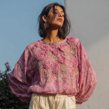 Load image into Gallery viewer, Vintage Pink Lace Rose Embroidered Glitter Linen Shirt