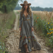 Load image into Gallery viewer, Women's Vintage V-neck Floral Bohemian Pastoral Style Long-sleeved Maxi Long Dress