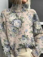 Load image into Gallery viewer, Vintage French Rose Pattern Printed Knit Turtleneck Pullover Sweater