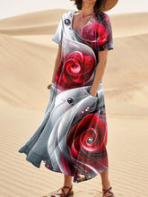 Load image into Gallery viewer, Red Roses Art Printed Women's Linen Pocket Dress