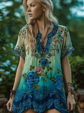 Load image into Gallery viewer, Blue Sequin Lace Floral Boho Art Women's V-neck Short Sleeve Long Shirt