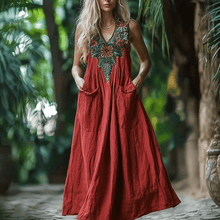 Load image into Gallery viewer, Women's Elegant Ethnic Floral Sleeveless Linen Maxi Dress