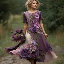 Load image into Gallery viewer, Classy Purple Patchwork And Floral Embroidered Art Linen Maxi Dress