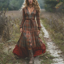 Load image into Gallery viewer, Women's Vintage V-neck Bohemian Pastoral Plaid Style Long-sleeve Maxi Long Dress