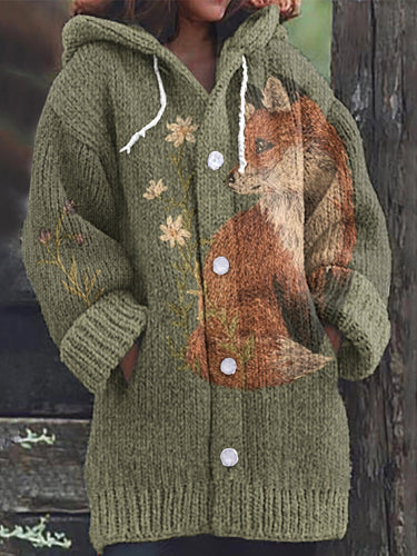 Vintage Fox Floral Art Cozy Knit Hooded Cardigan