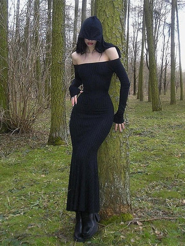 Women's Vintage Solid Color One Shoulder Hooded Maxi Dress