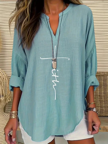 Women's Letter Print Notch Neck Blouse