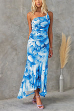 Load image into Gallery viewer, Deja Mesh Overlay Floral Print One Shoulder Ruched Stretch Maxi Dress