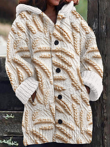 Wheat Knit Pattern Cozy Hooded Cardigan